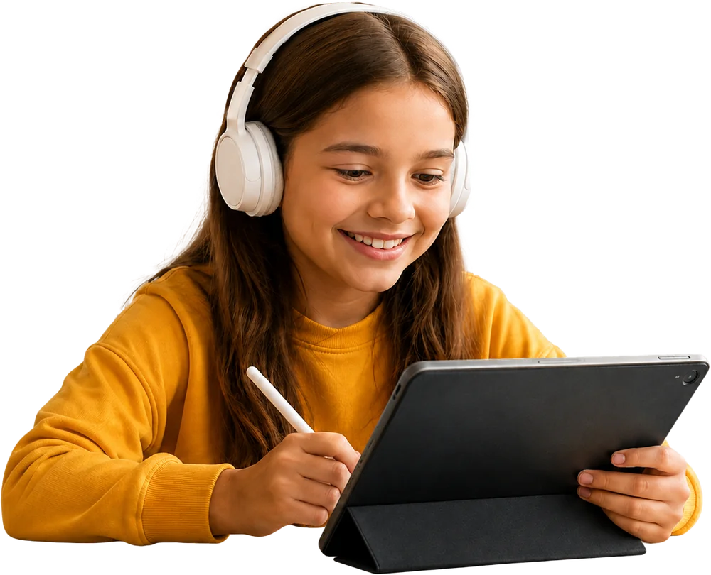 Student wearing headphones drawing on an iPad