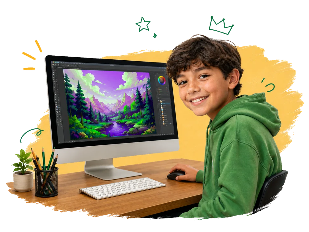 Student creating a digital landscape painting on a computer